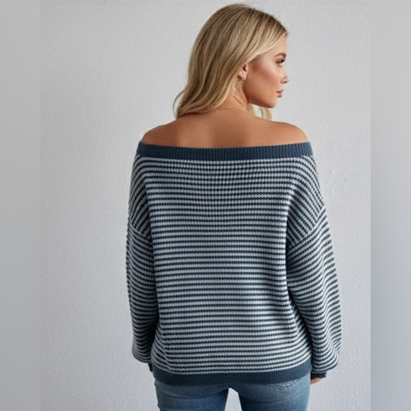 Striped Pattern Off Shoulder Lantern Sleeve Sweater Blue - Picture 4 of 5